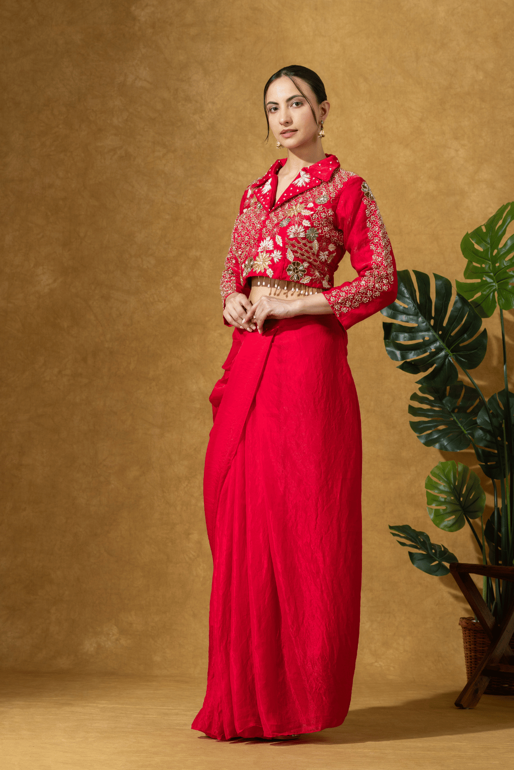 Scarlet Red Fusion Skirt Set with Hand Embroidered Jacket Blouse