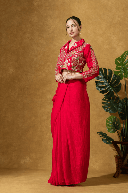 Scarlet Red Fusion Skirt Set with Hand Embroidered Jacket Blouse