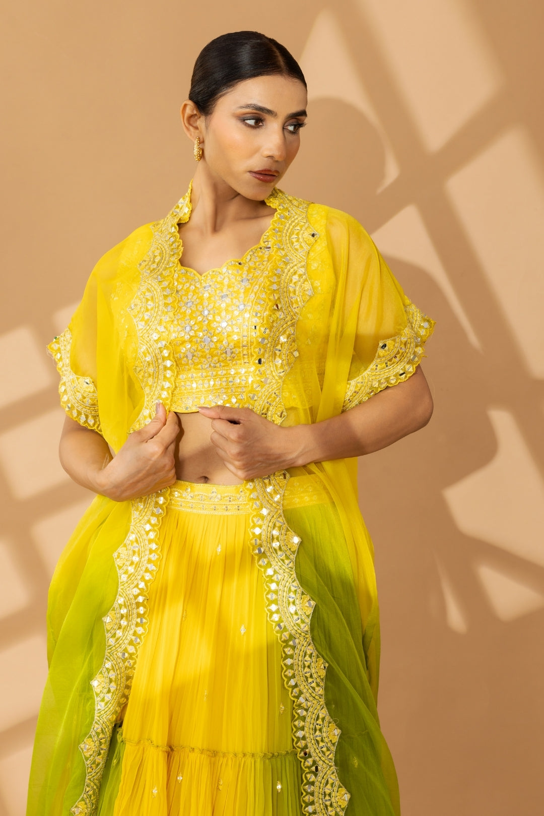 Yellow Green Indo-Western Crop Top Lehenga with Shrug