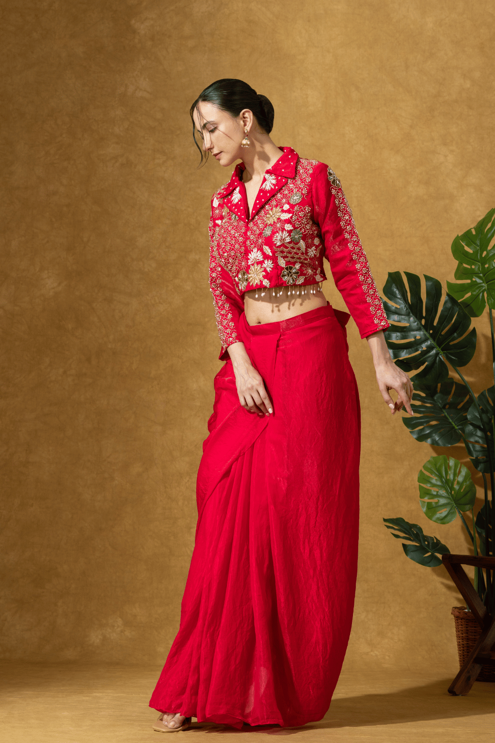 Scarlet Red Fusion Skirt Set with Hand Embroidered Jacket Blouse
