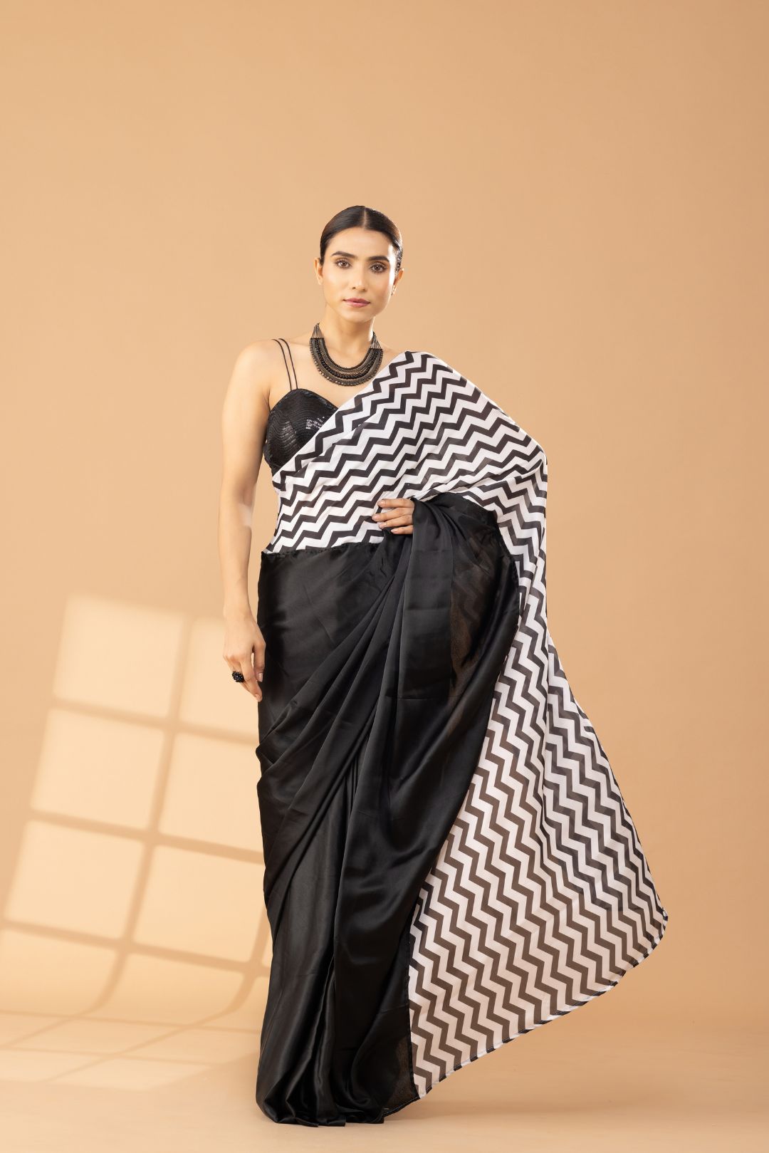 Chevron triangle satin saree with blouse