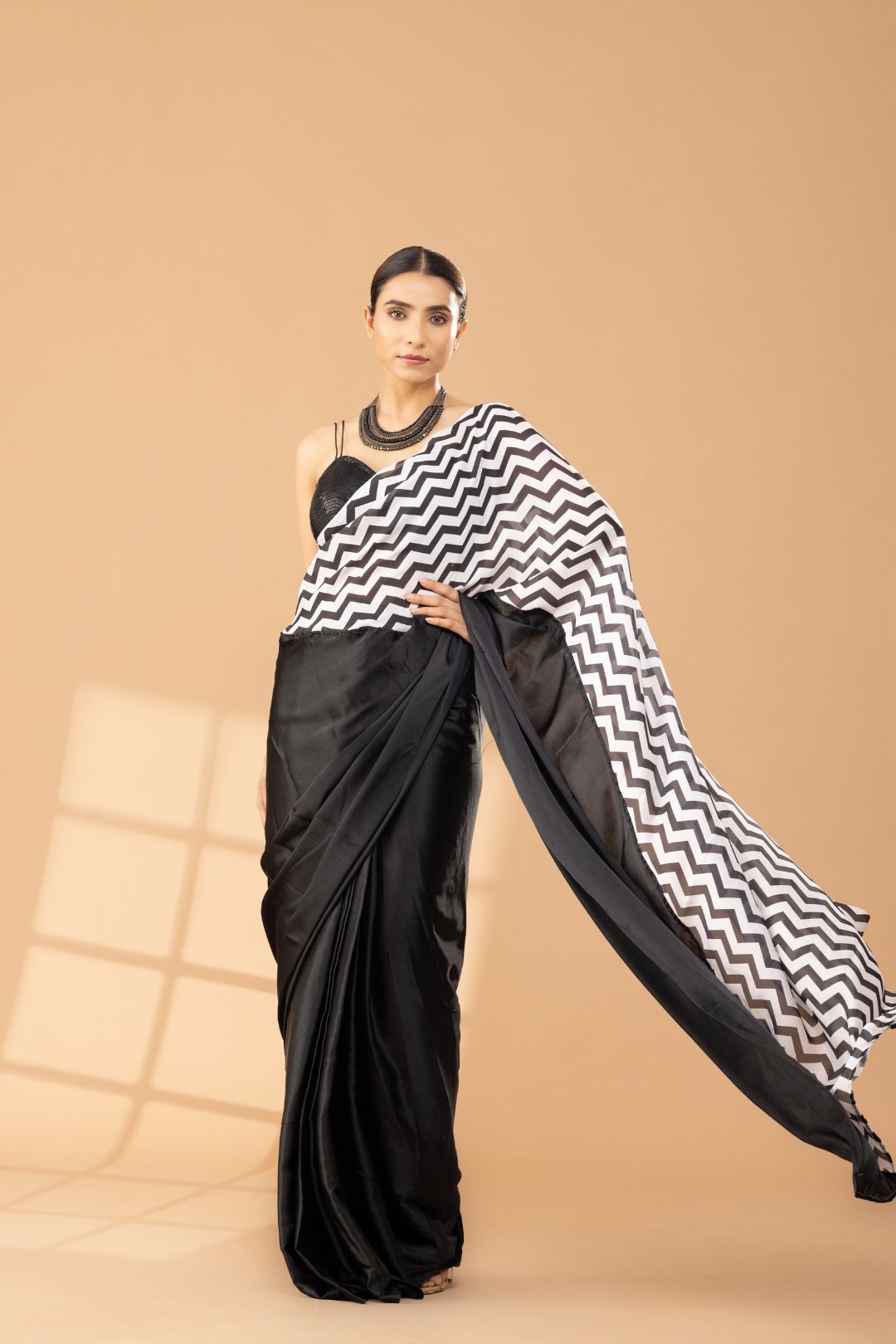 Chevron triangle satin saree with blouse