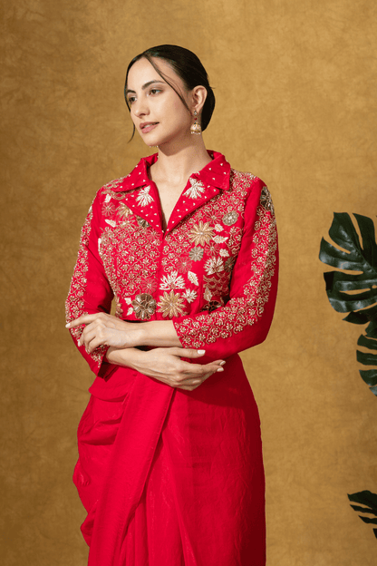 Scarlet Red Fusion Skirt Set with Hand Embroidered Jacket Blouse