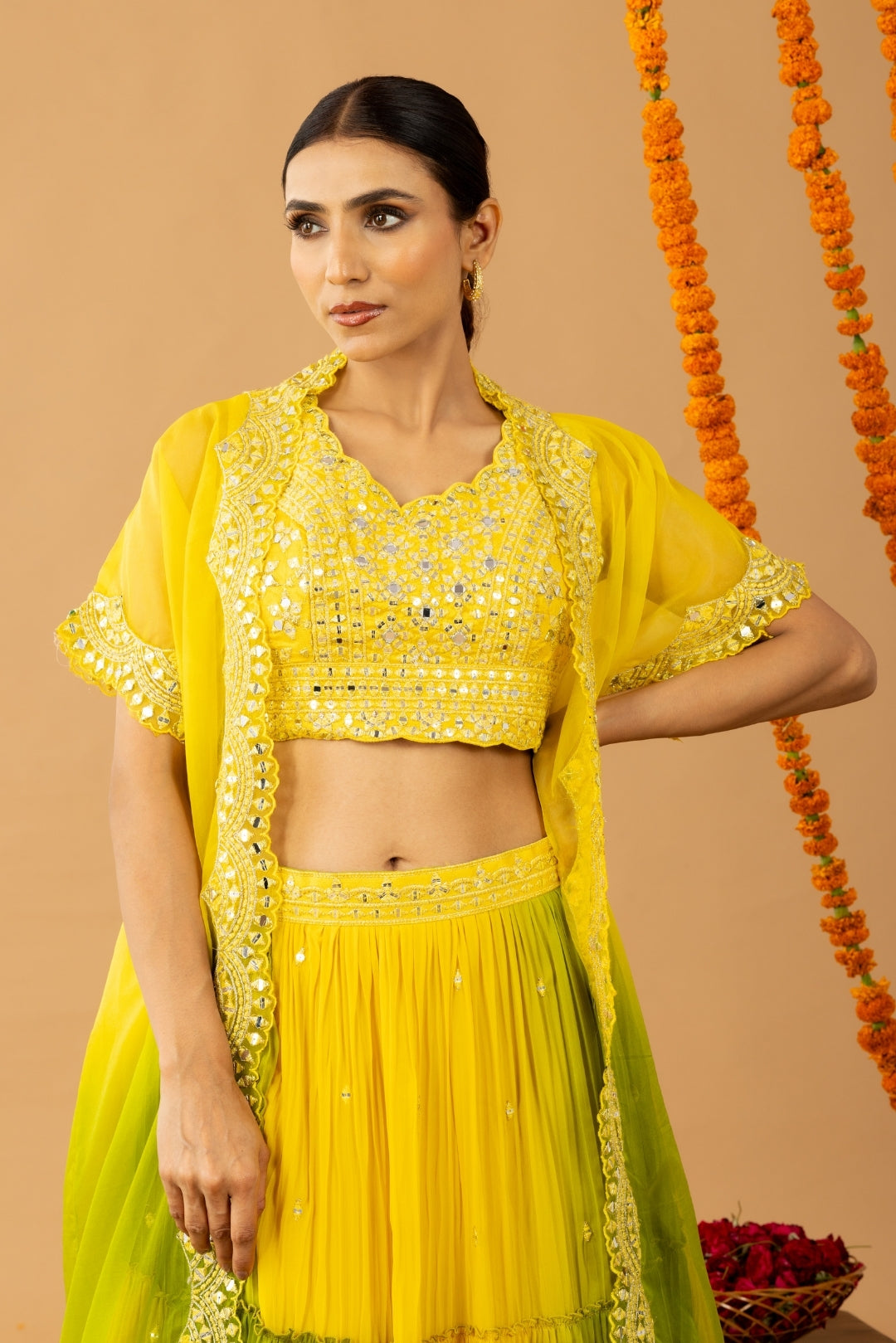 Yellow Green Indo-Western Crop Top Lehenga with Shrug