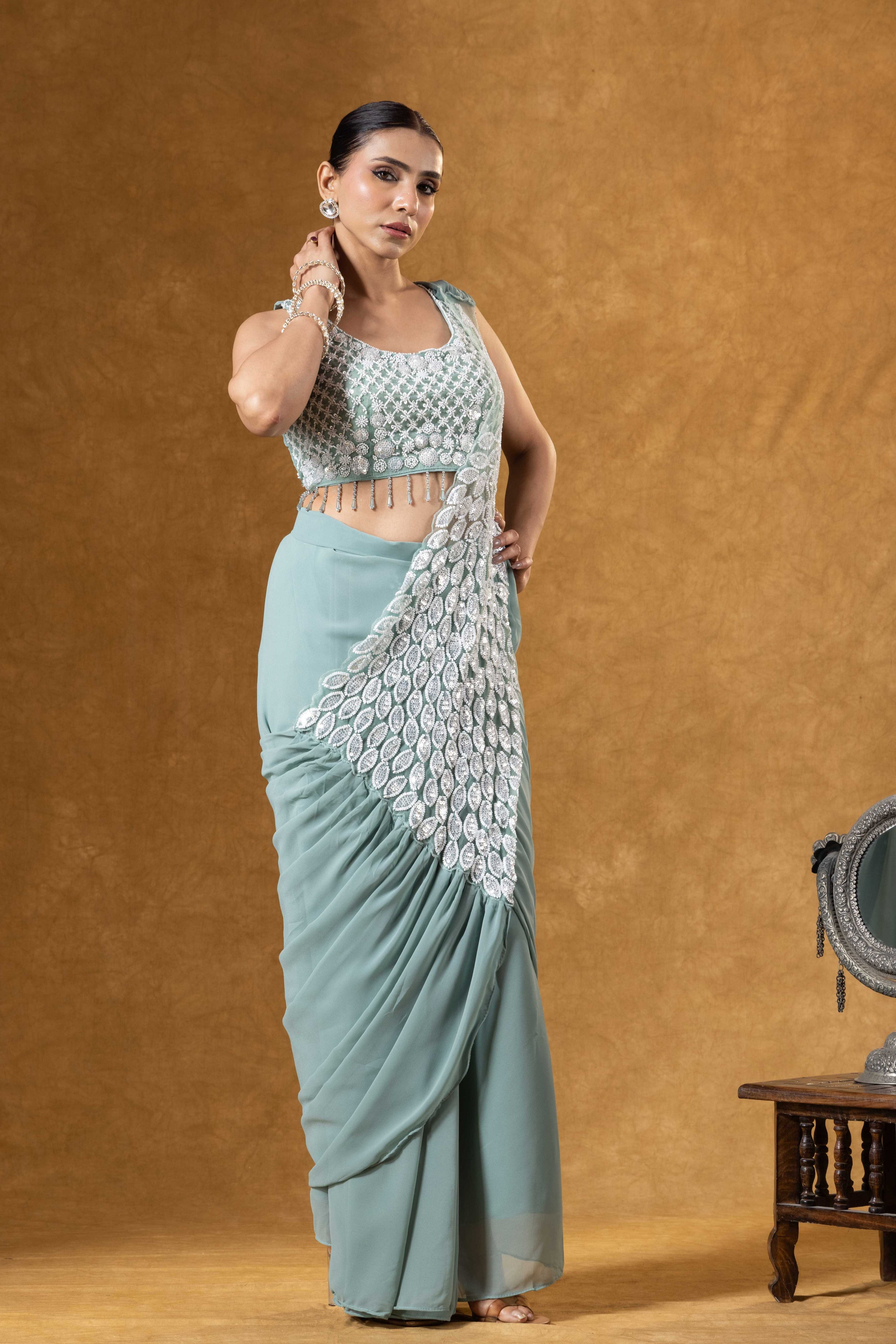 Mint Green Hand Embellished Saree