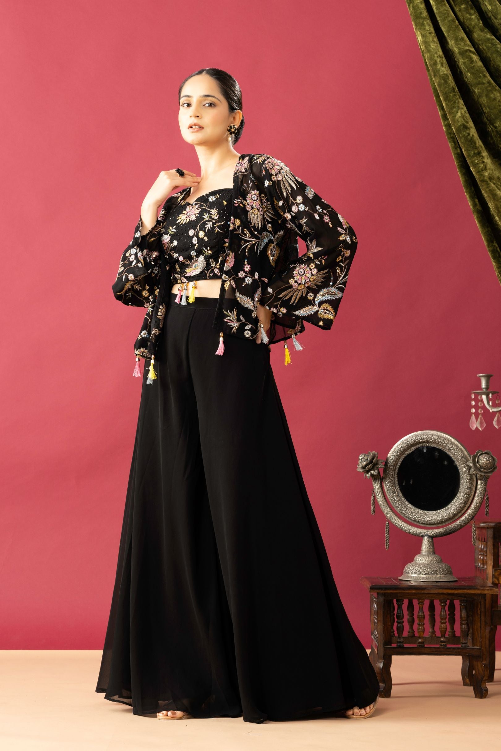 Black Pallazzo Set with Short Embroidered Shrug