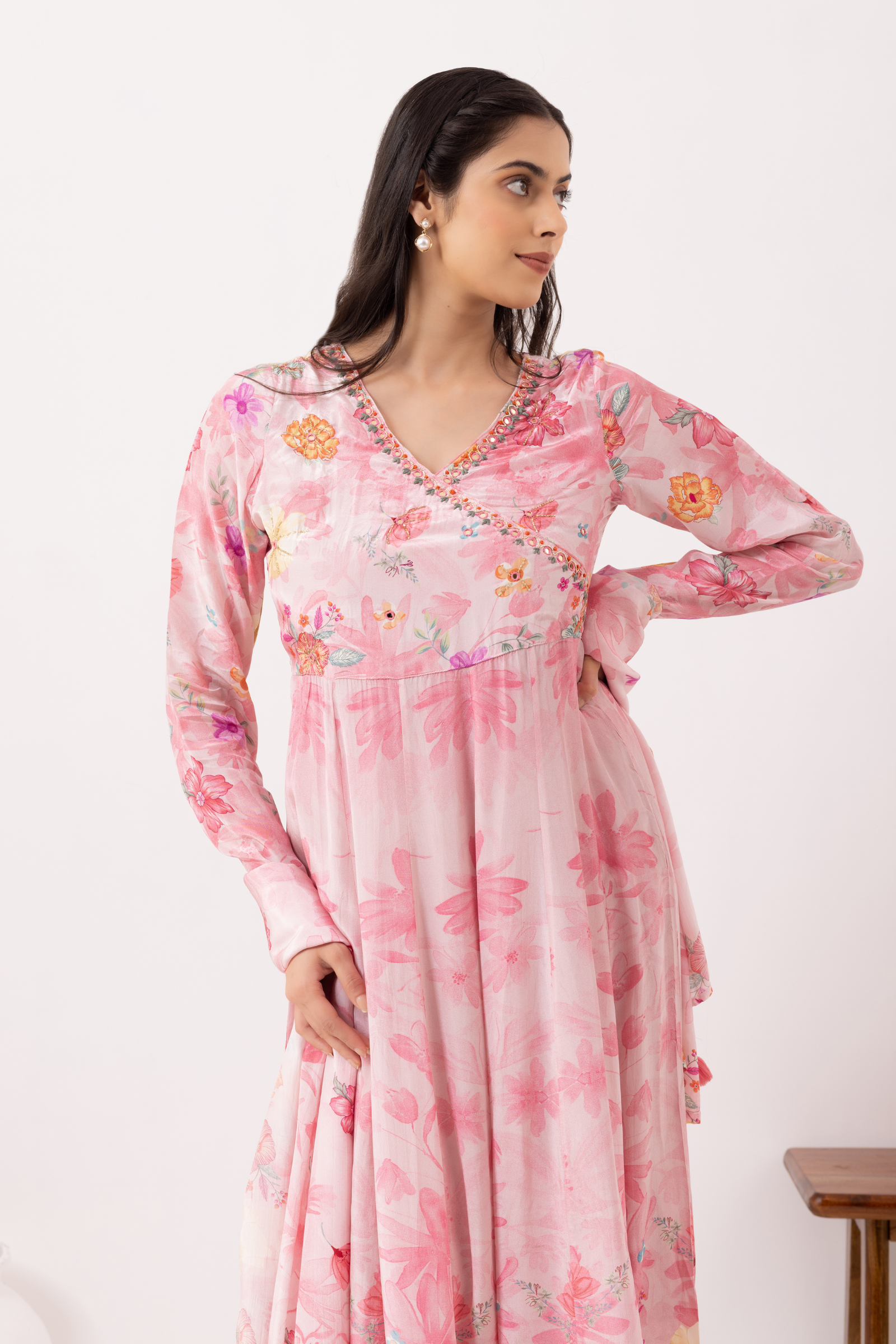 Pink Crepe Printed &amp; Hand Embroidered Angrakha  Style Anarkali Set