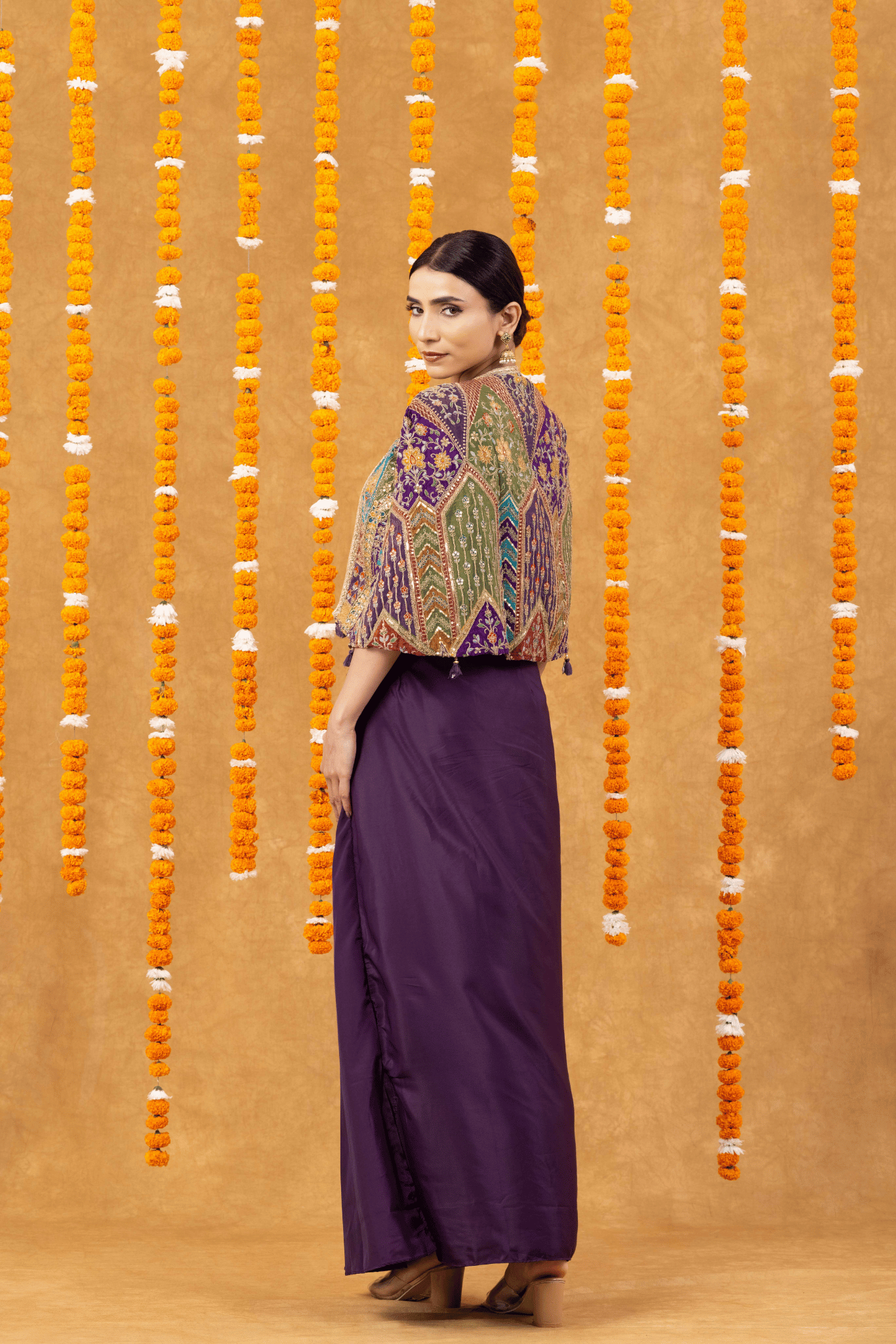 Regal Purple Drape Skirt with Embroidered Crop Top &amp; Jacket