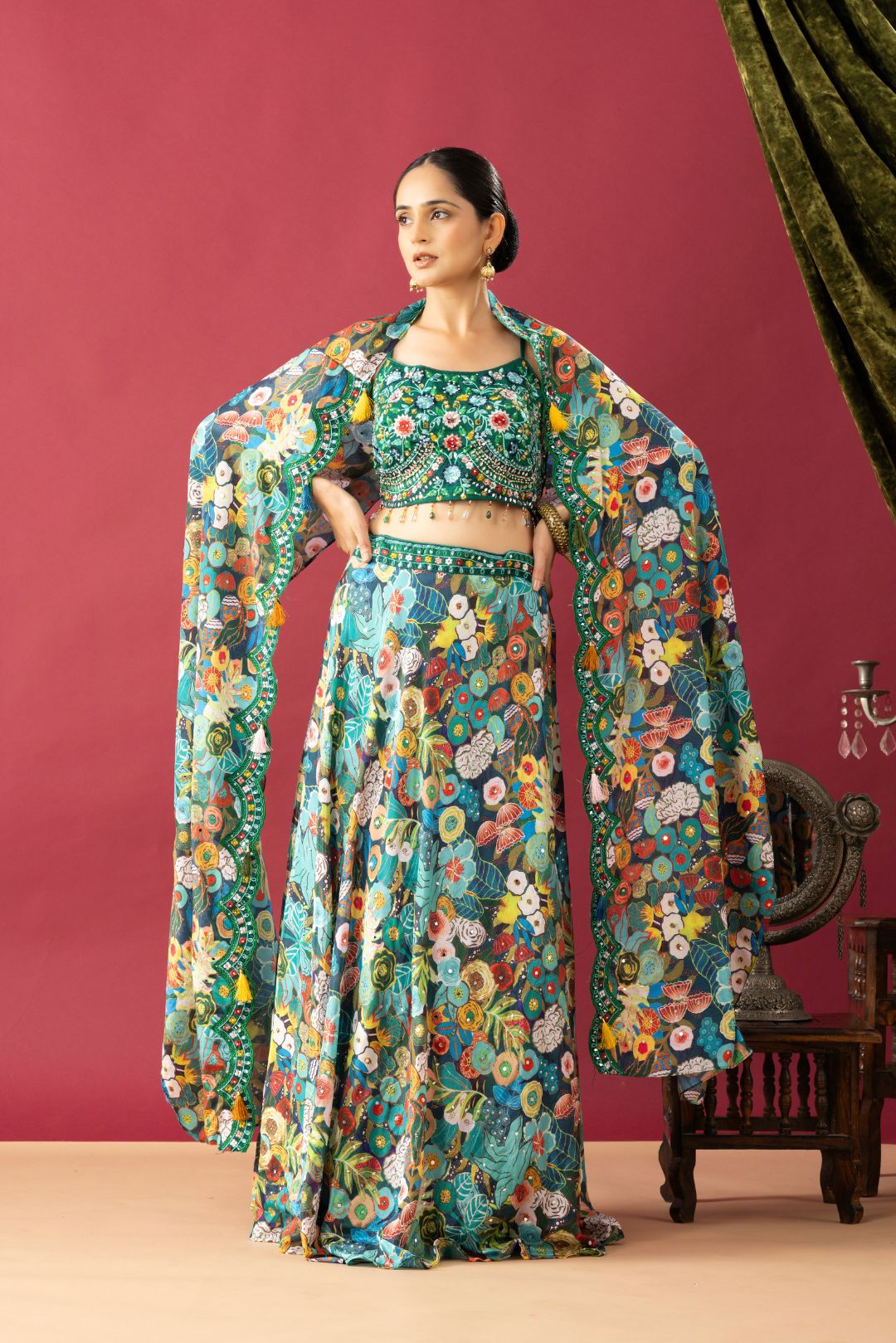 Green Tropical Printed Indo Western Lehenga Cape Set