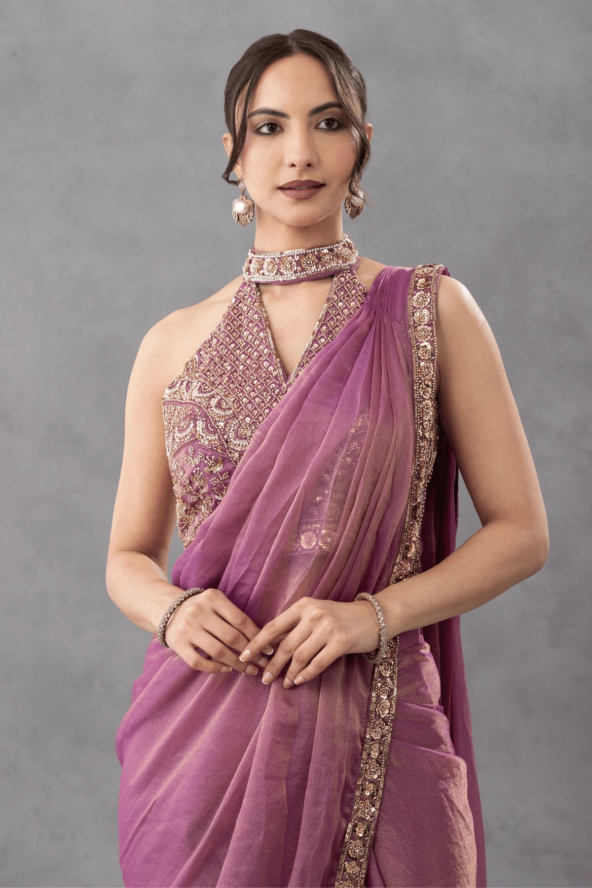 Mauve Draped Saree with Embellished Blouse