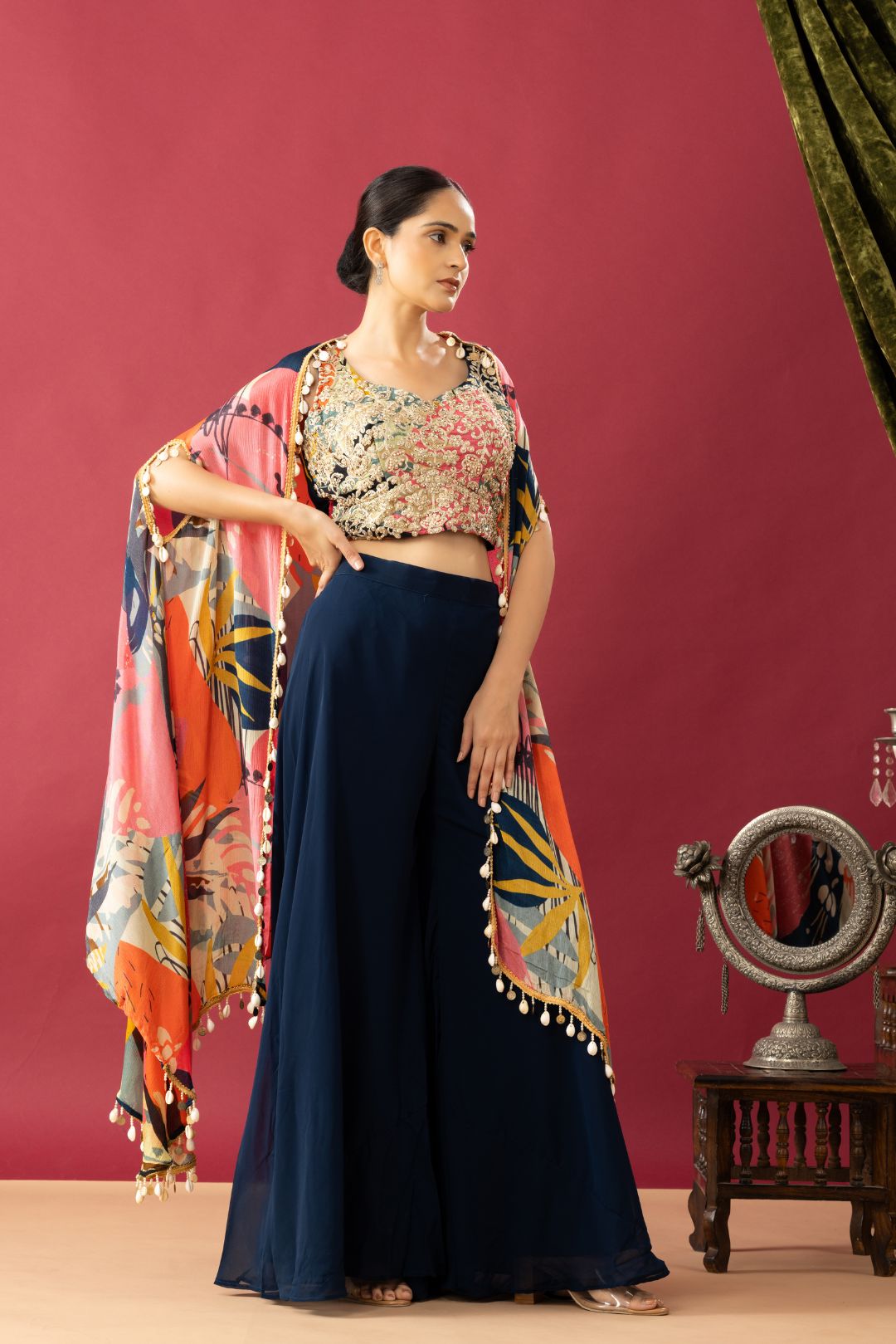 Blue Pallazzo Set with Multicolor Cape