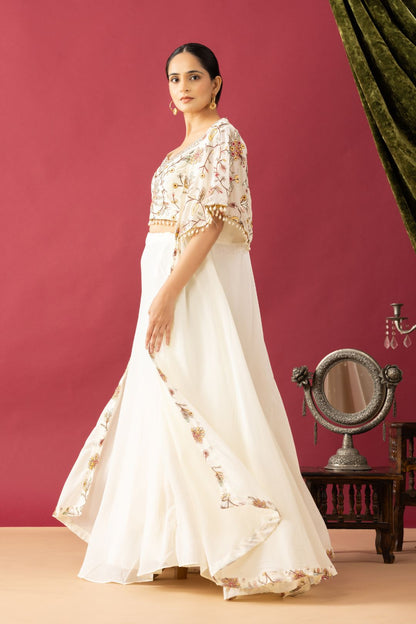 Embroidered White Lehenga set in Cape Style