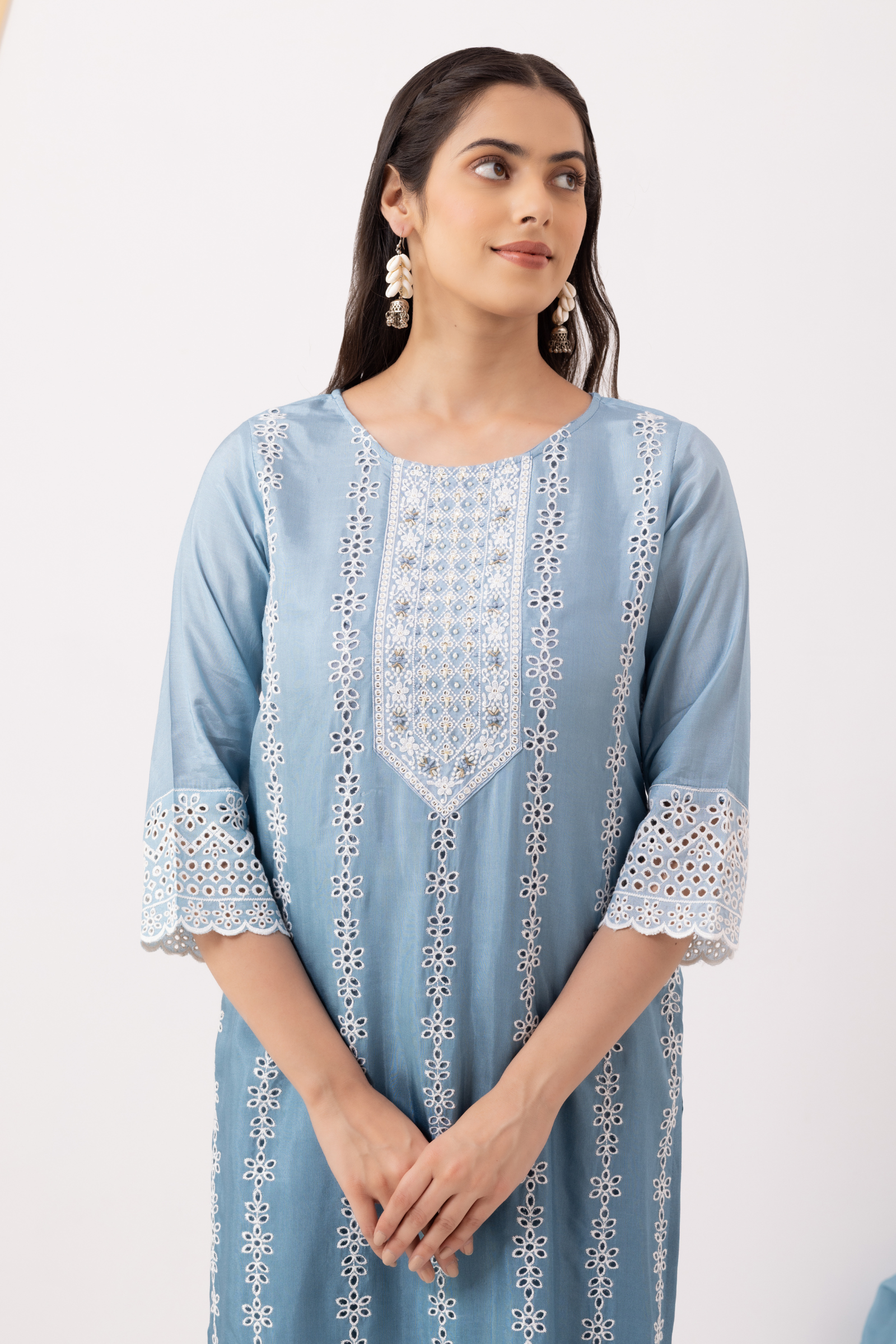 Blue Chikankari Kurta with Tulip Pants Set