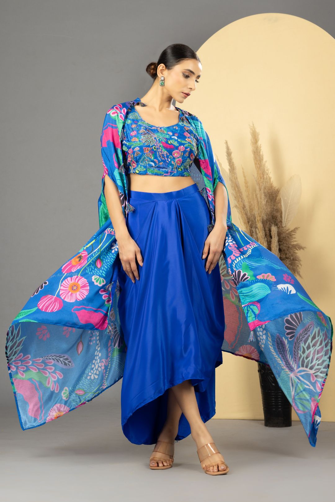 Blue Asymmetric Dhoti Skirt With Cape &amp; Blouse
