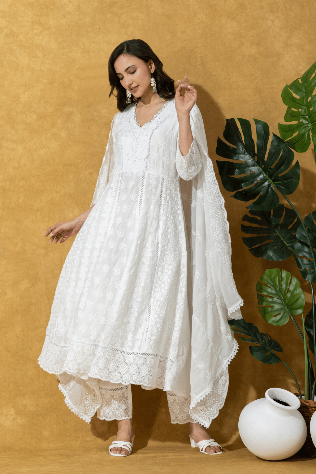 Ivory Embroidered Chikankari  Anarkali Suit Set