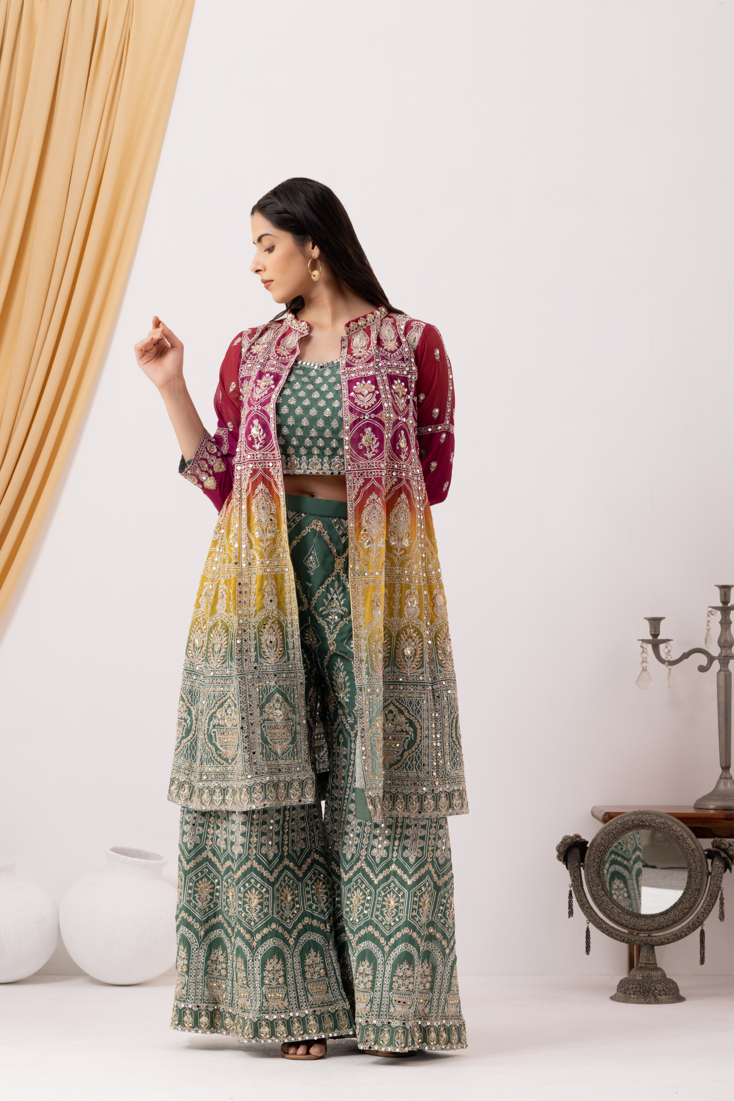 Georgette Dusty Green Designer Sharara Suit Set with Jacket