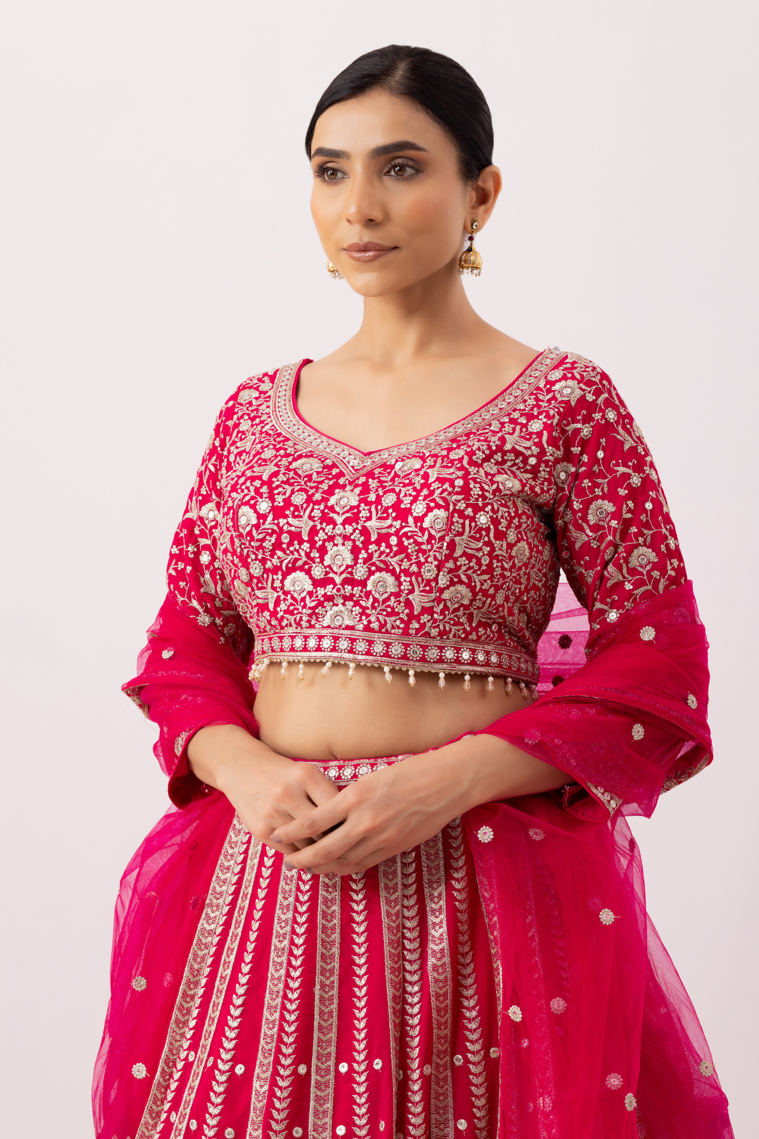 Magenta Pink Lehenga Set with Zari Embellished Blouse and Embellished Cape