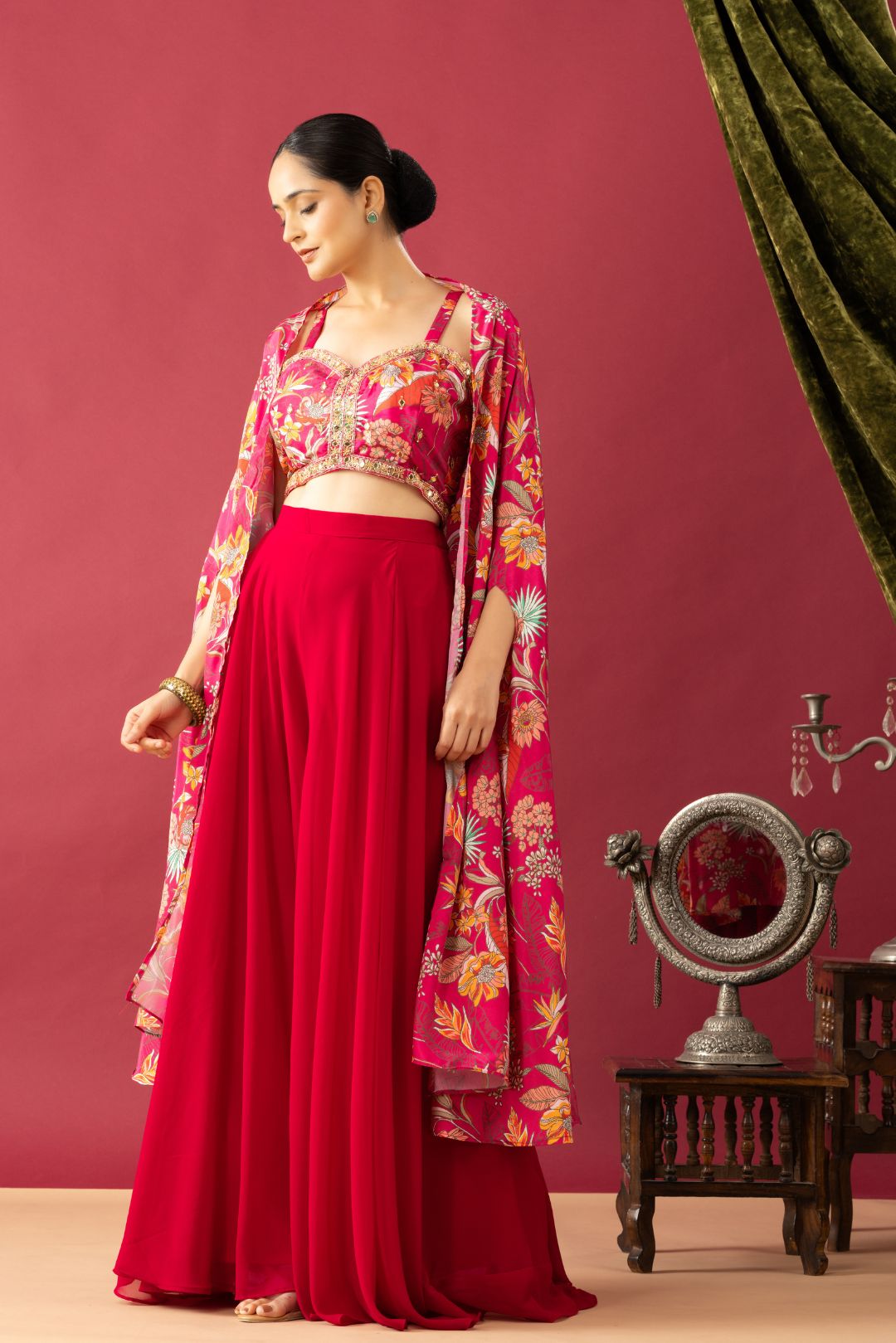 Pink Georgette Palazzo Set with Floral Cape