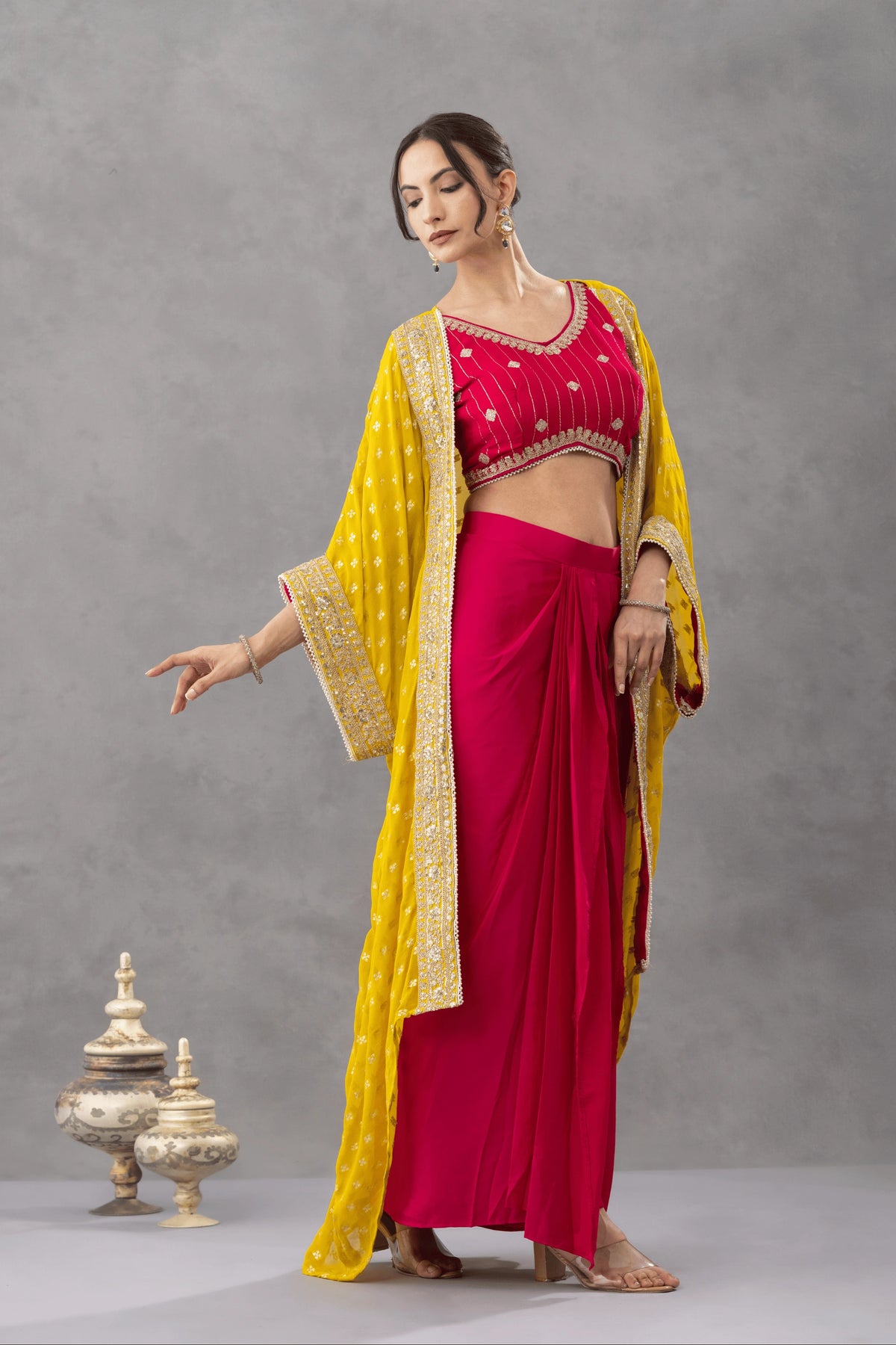 Magenta Pink Draped Skirt Set with Embellished Blouse &amp; Yellow Cape