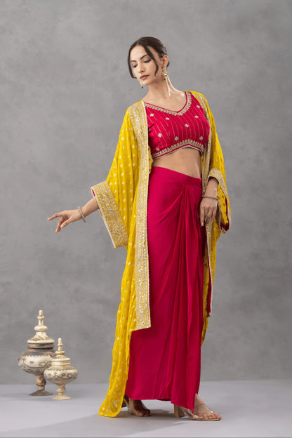Magenta Pink Draped Skirt Set with Embellished Blouse &amp; Yellow Cape