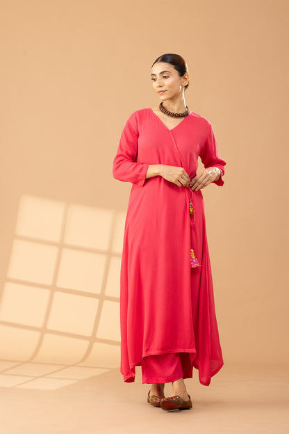 Bright Pink Cotton Angrakha Kurta Set