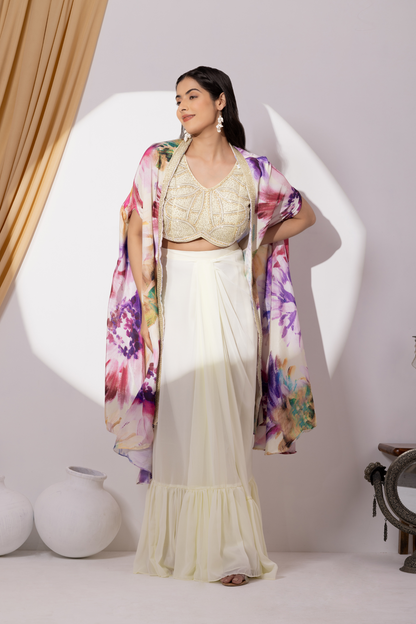 White Ruffle Drape Skirt with Crop Top &amp; Floral Print Cape Set