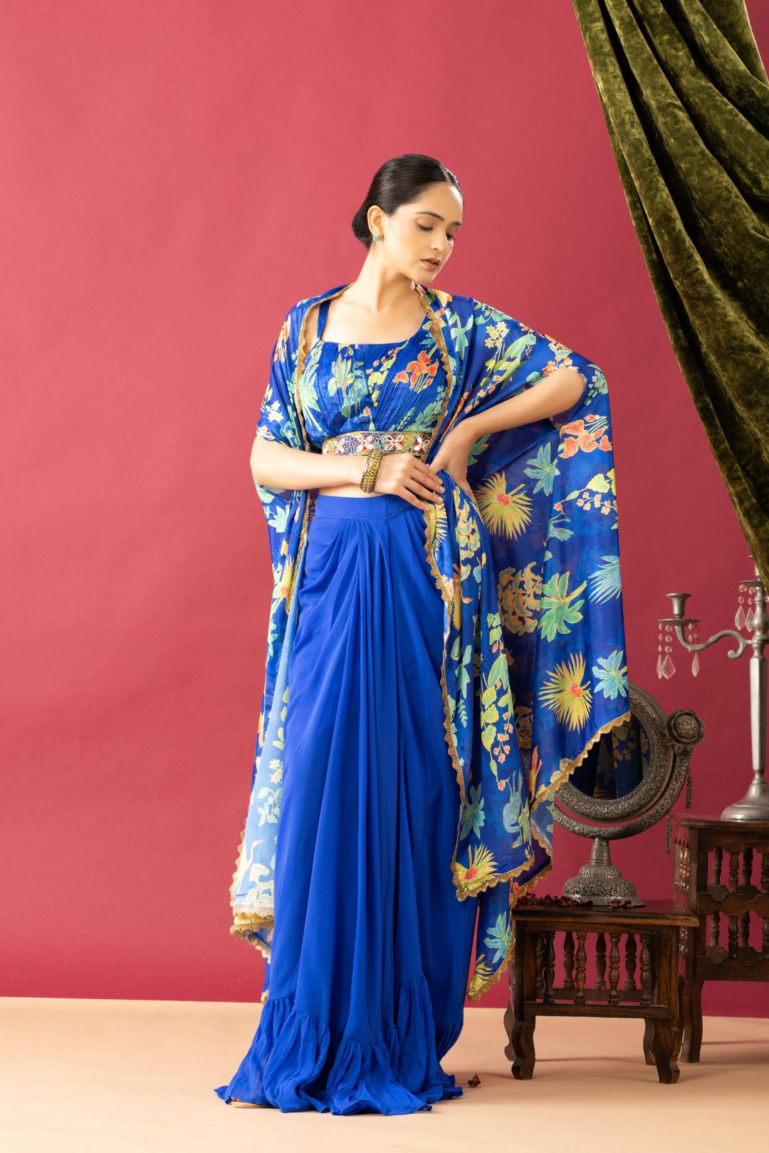 Blue Drape Skirt Set with Multicolor Cape