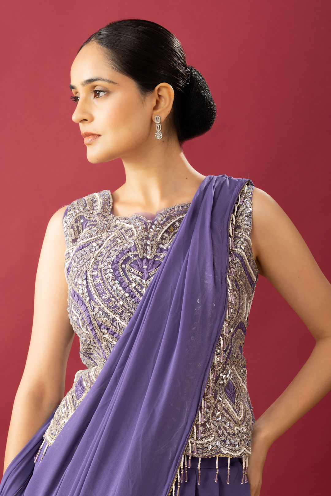 Party Wear Pleated Lilac Saree