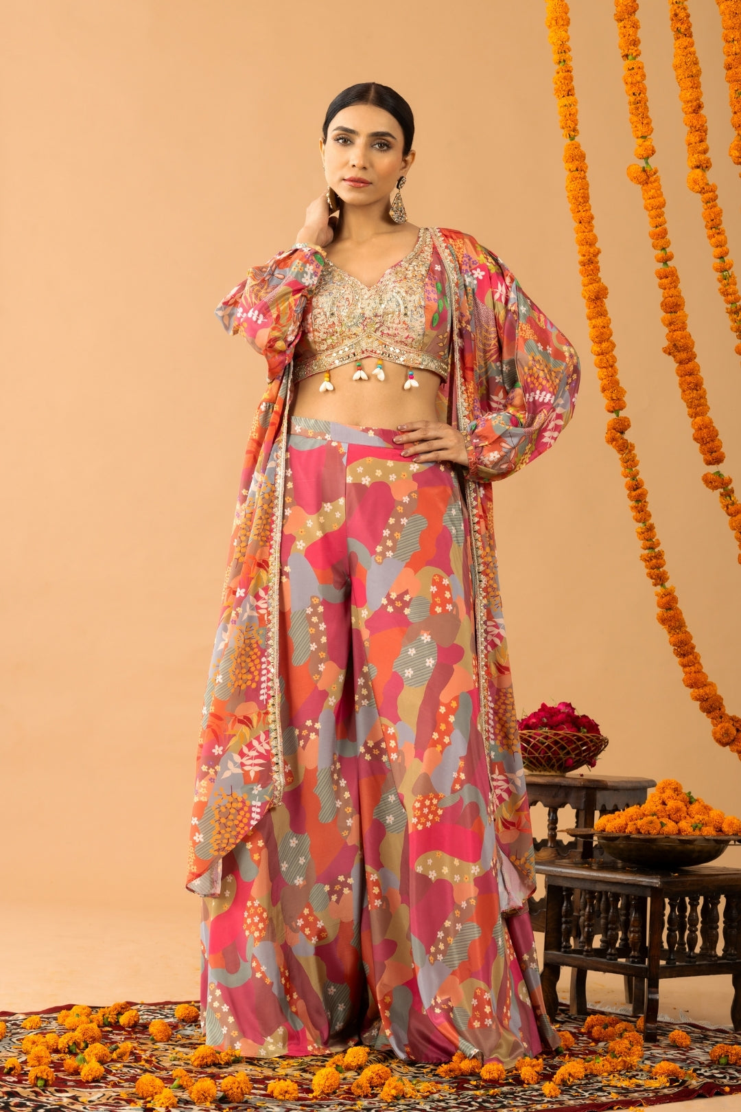 Pink Printed Sharara Set with shrug