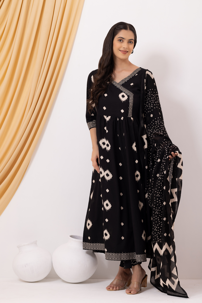 Black Cotton Printed Angrakha Anarkali Suit Set