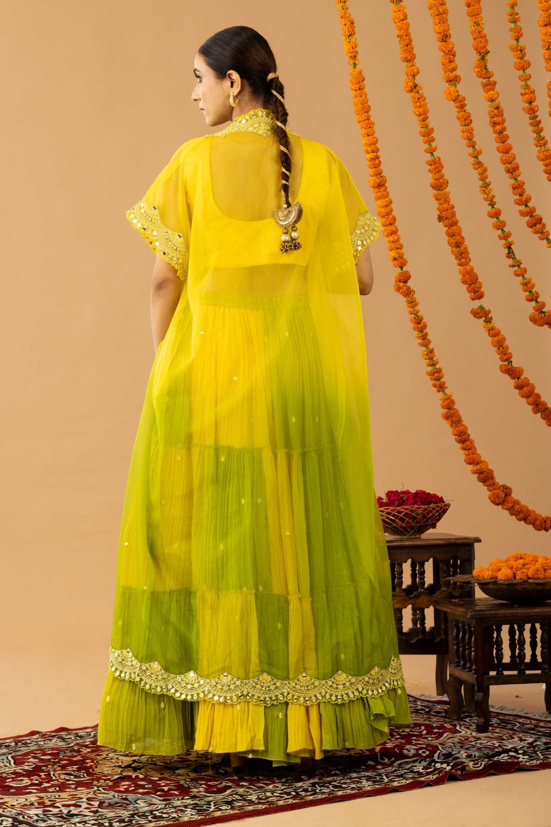 Yellow Green Indo-Western Crop Top Lehenga with Shrug