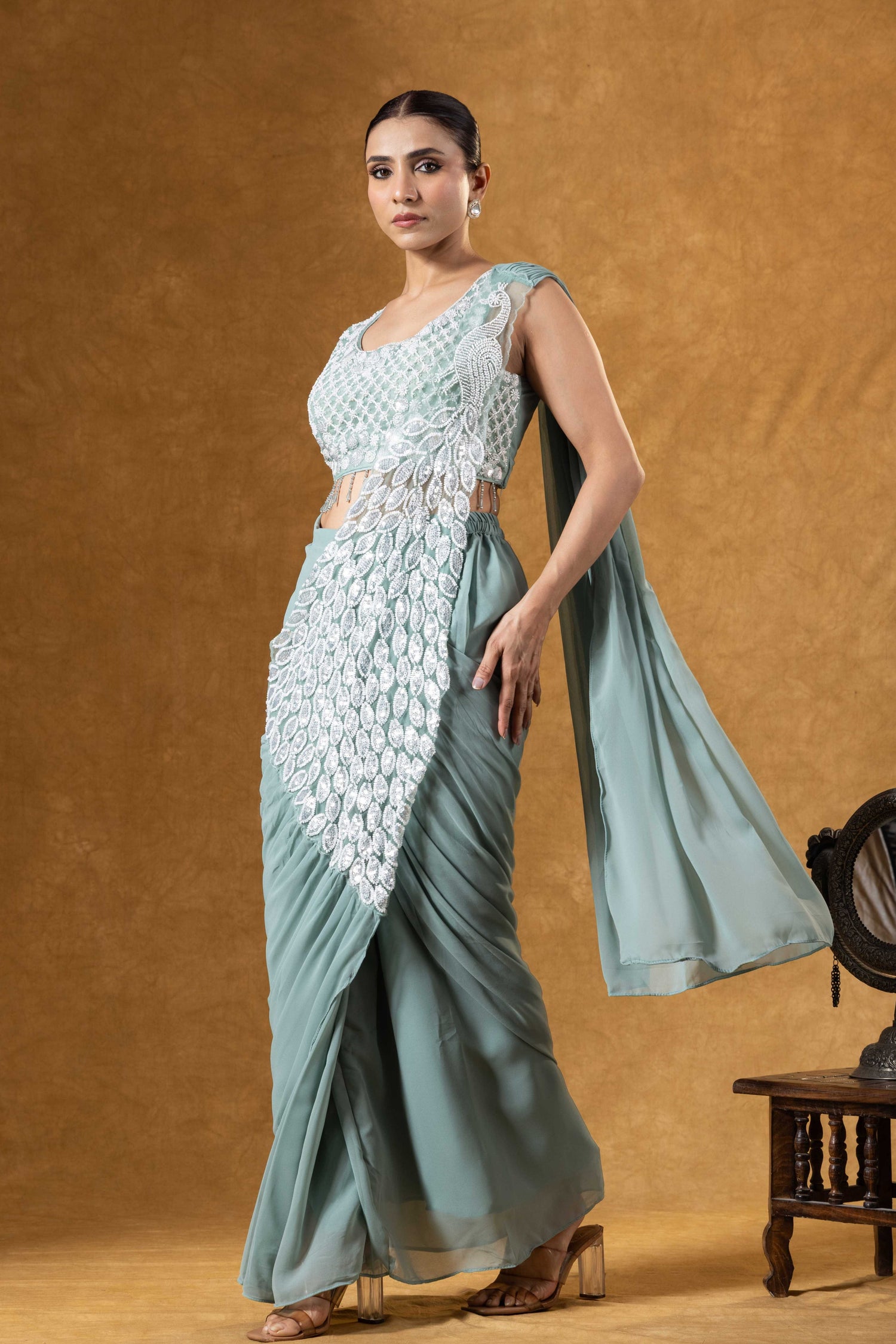 Mint Green Hand Embellished Saree