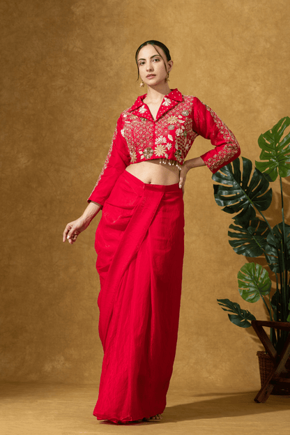 Scarlet Red Fusion Skirt Set with Hand Embroidered Jacket Blouse