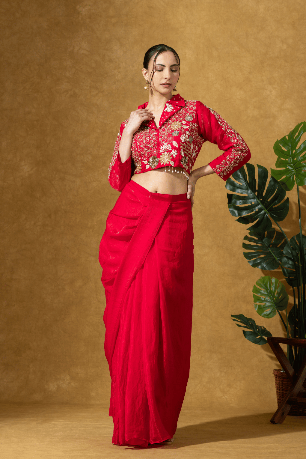 Scarlet Red Fusion Skirt Set with Hand Embroidered Jacket Blouse