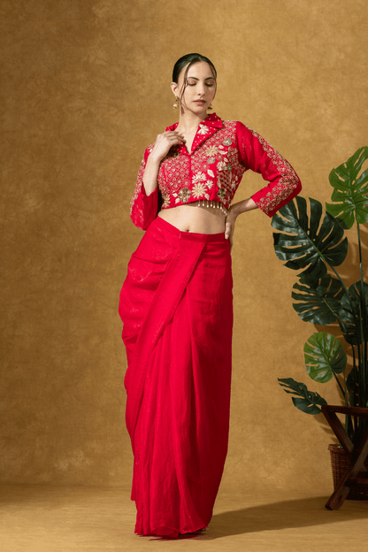 Scarlet Red Fusion Skirt Set with Hand Embroidered Jacket Blouse