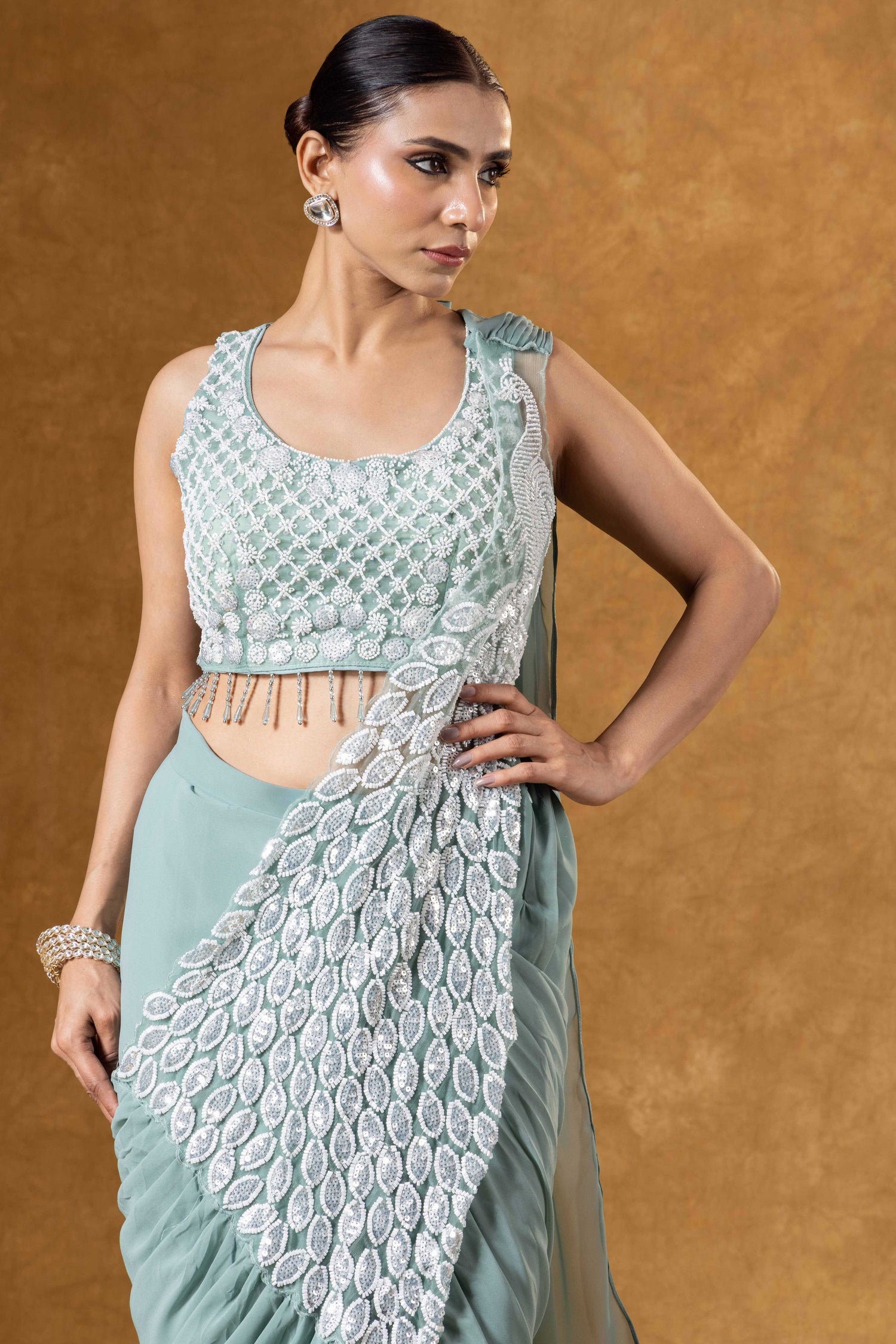 Mint Green Hand Embellished Saree