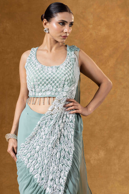 Mint Green Hand Embellished Saree