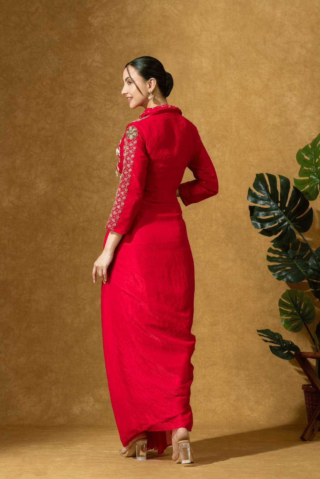 Scarlet Red Fusion Skirt Set with Hand Embroidered Jacket Blouse