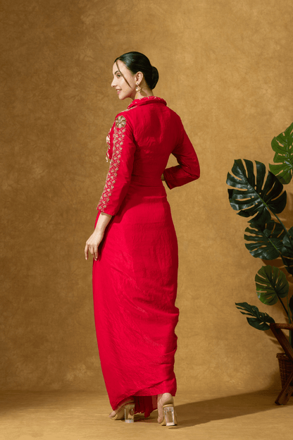 Scarlet Red Fusion Skirt Set with Hand Embroidered Jacket Blouse