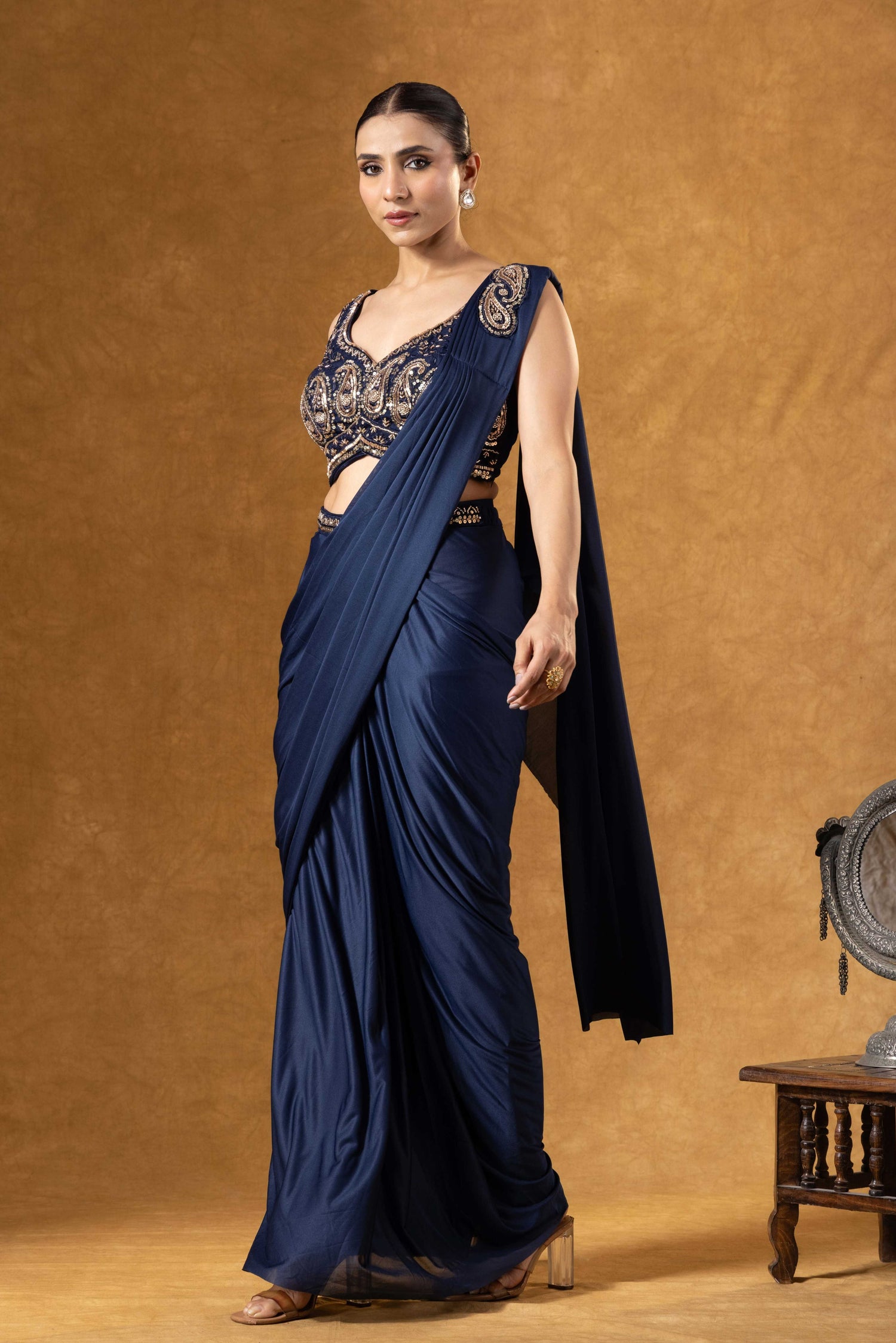 Royal Blue Draped Saree Ensemble