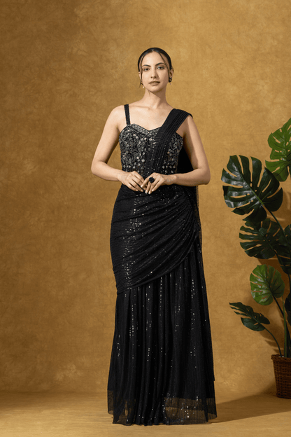 Black Sequin Drape Saree Set