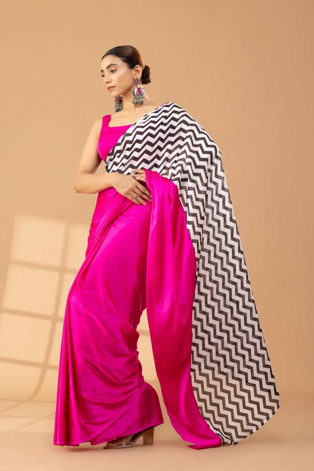 Fuchsia Satin Saree with Chevron Print &amp; Fabric Blouse