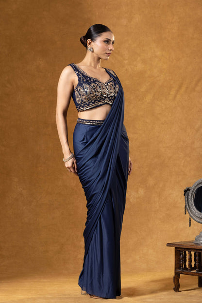 Royal Blue Draped Saree Ensemble