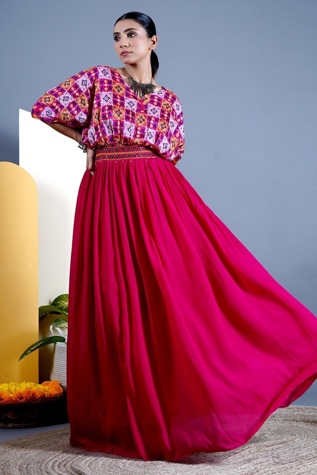 Pink Georgette Puffed Sleeves Gown