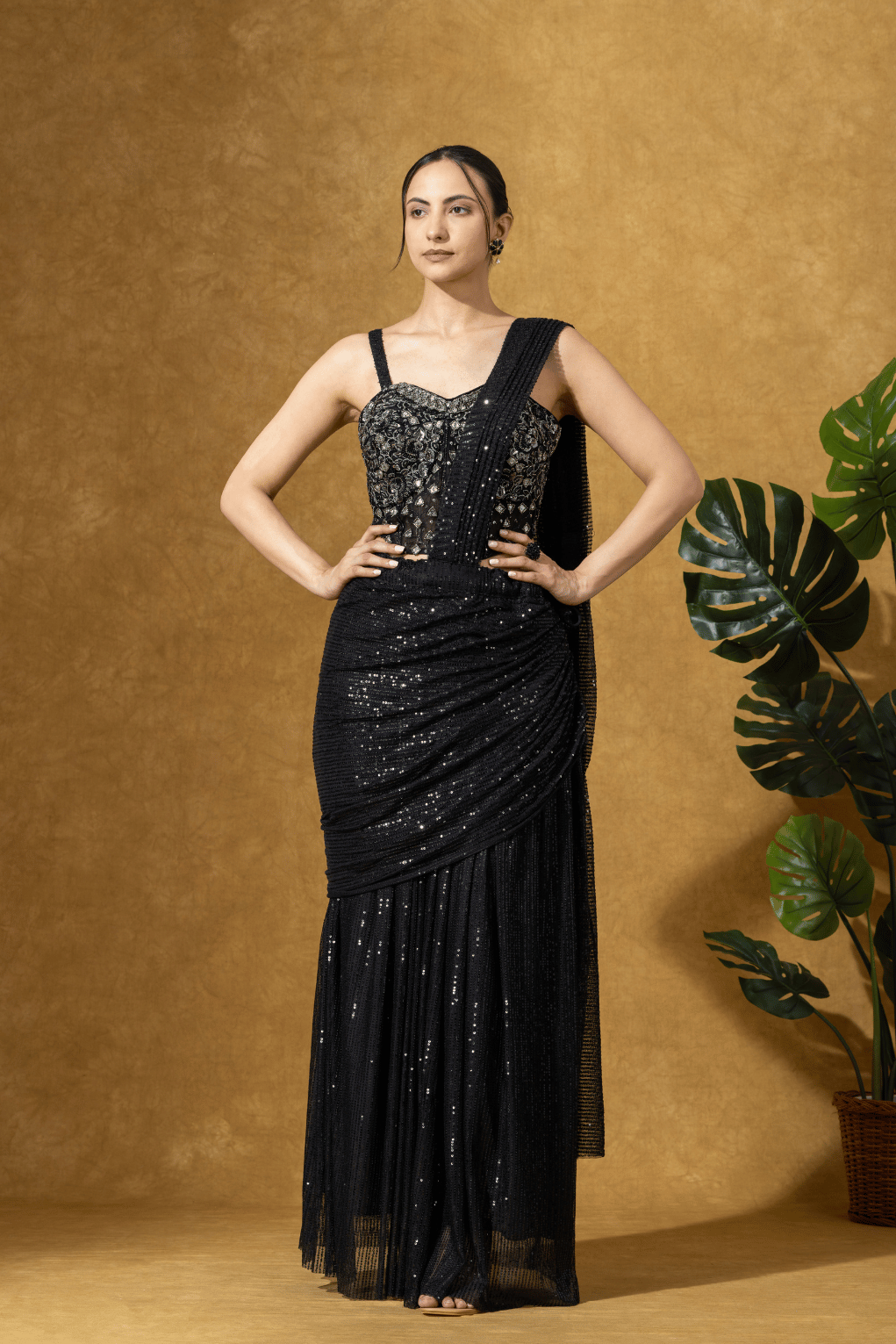 Black Sequin Drape Saree Set