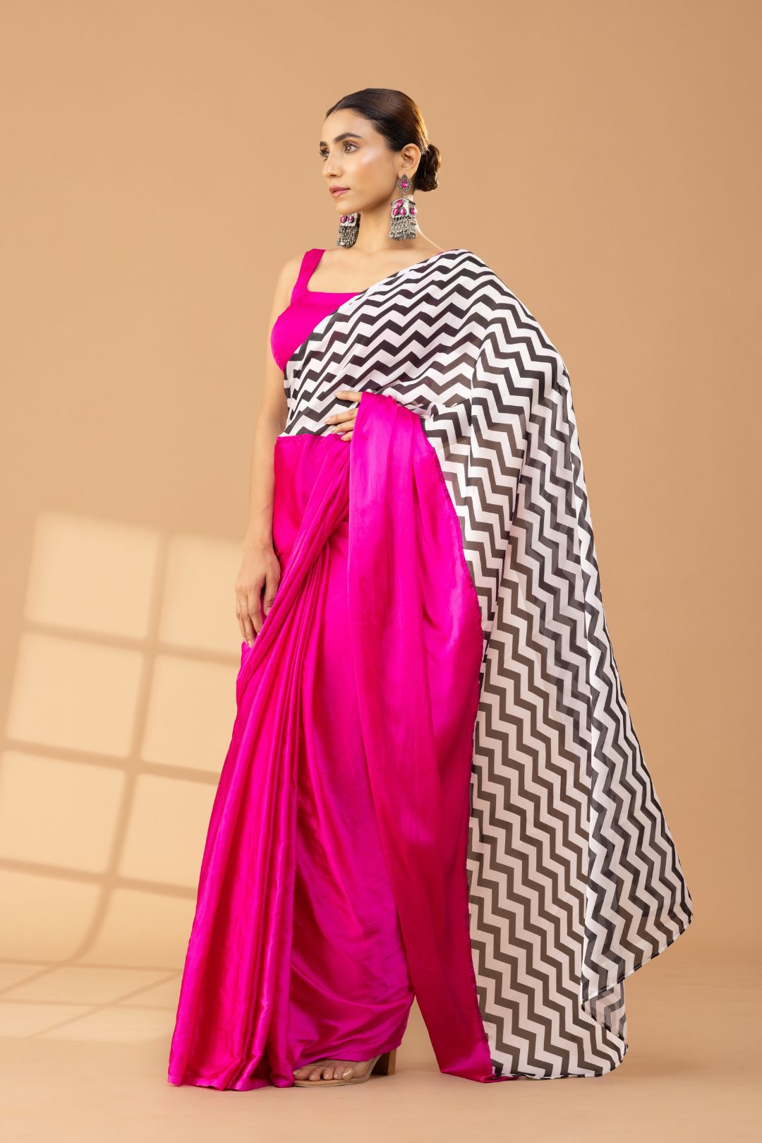 Fuchsia Satin Saree with Chevron Print &amp; Fabric Blouse