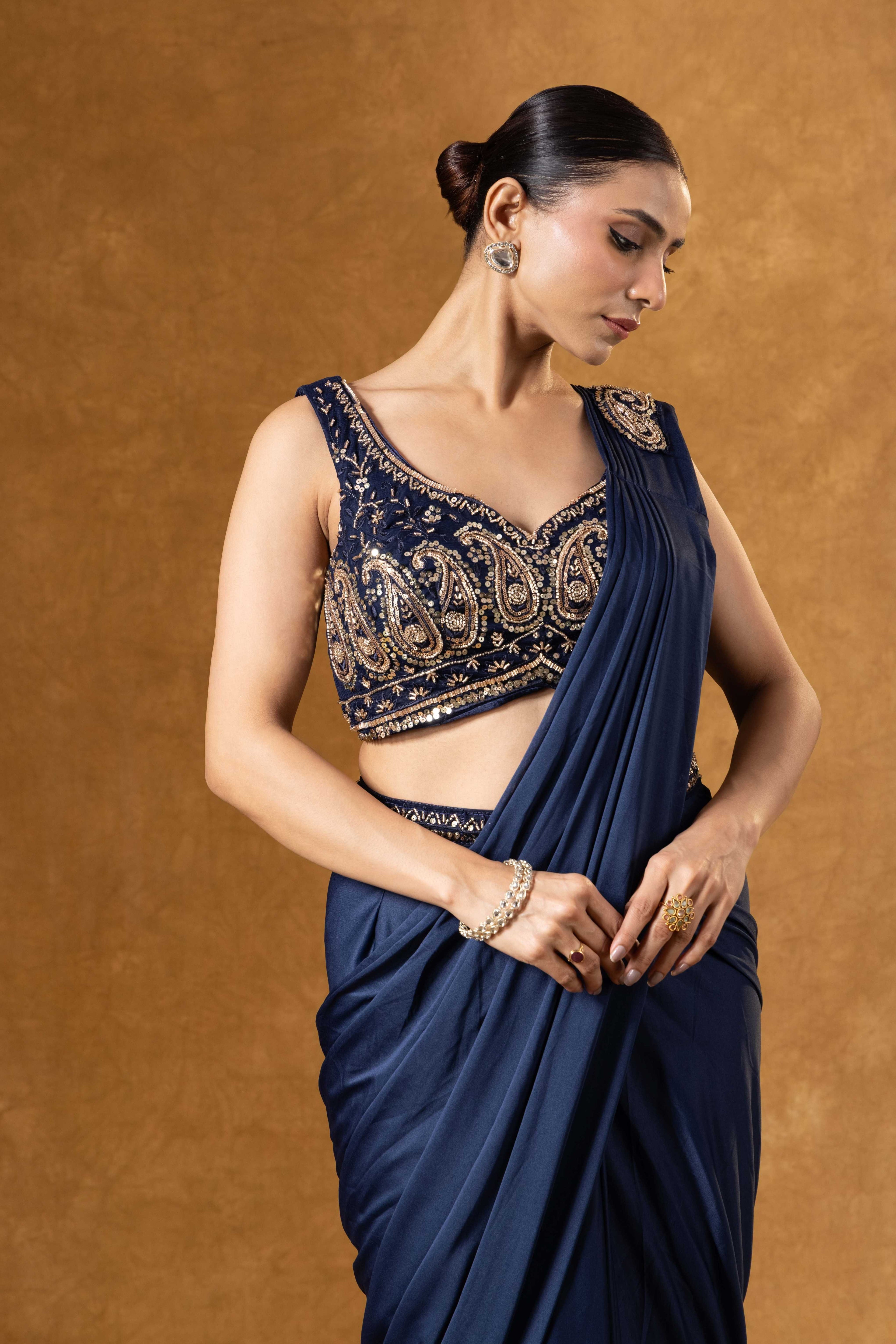 Royal Blue Draped Saree Ensemble