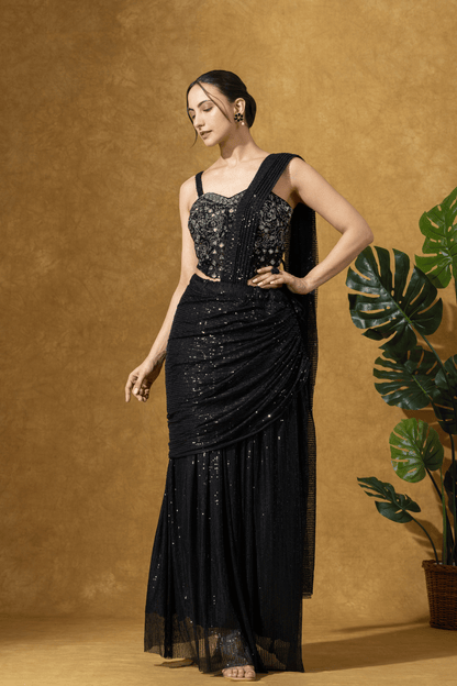 Black Sequin Drape Saree Set