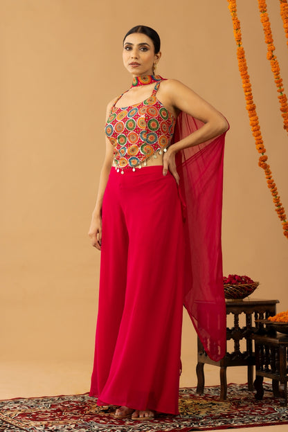 Hot Pink Sharara Set with Multicolor Zari Embroidered Blouse &amp; Dupatta