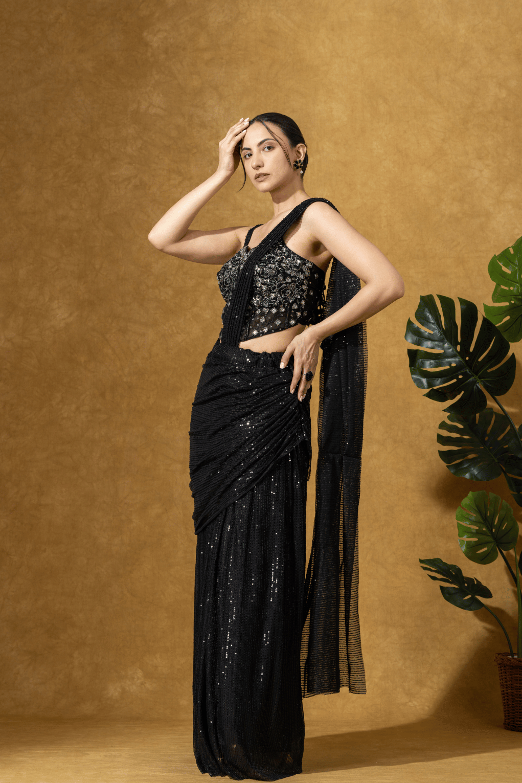 Black Sequin Drape Saree Set